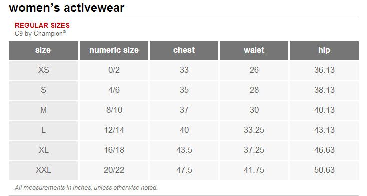 c9 champion snow pants size chart